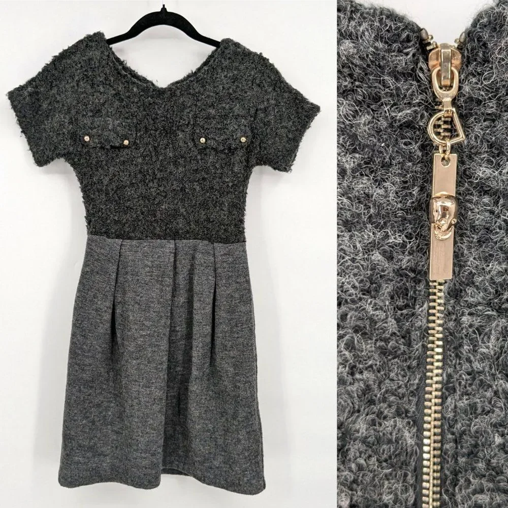 Add Wool Dress Gray Skull Faux Pocket Gold Fuzzy Winter Cozy Size Medium